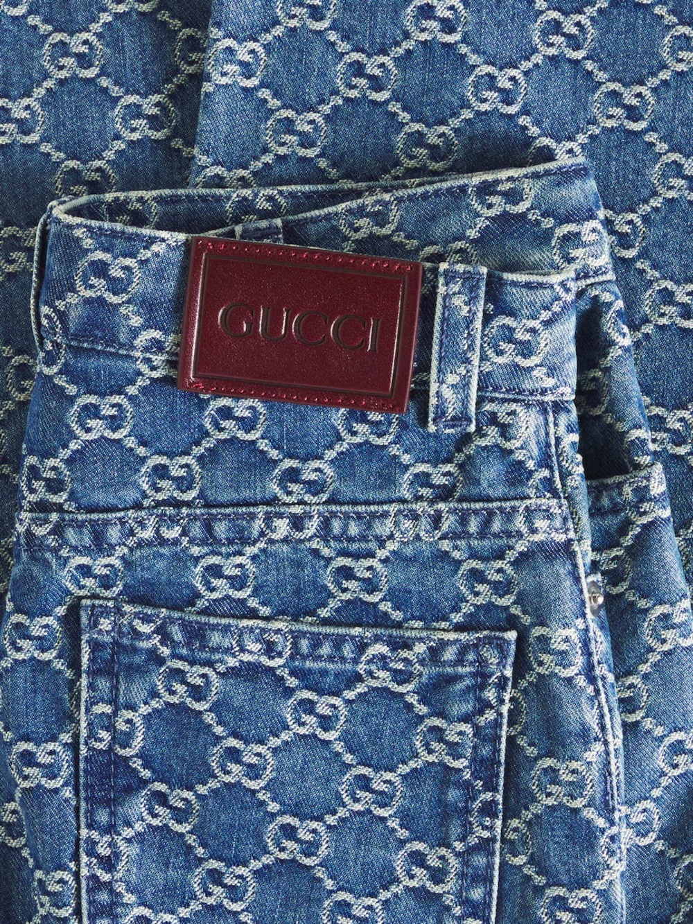 GUCCI Blue Denim Jeans set  with GG Monogram and Red Leather Patch